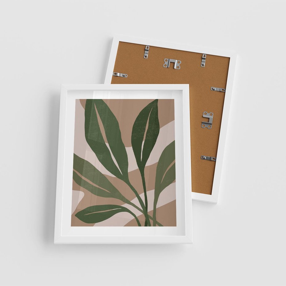Plakat w ramie 40x50 - Nowoczesność Natury: Plakat z Zielonymi Liśćmi - nowoczesny plakat, beż - rama biała