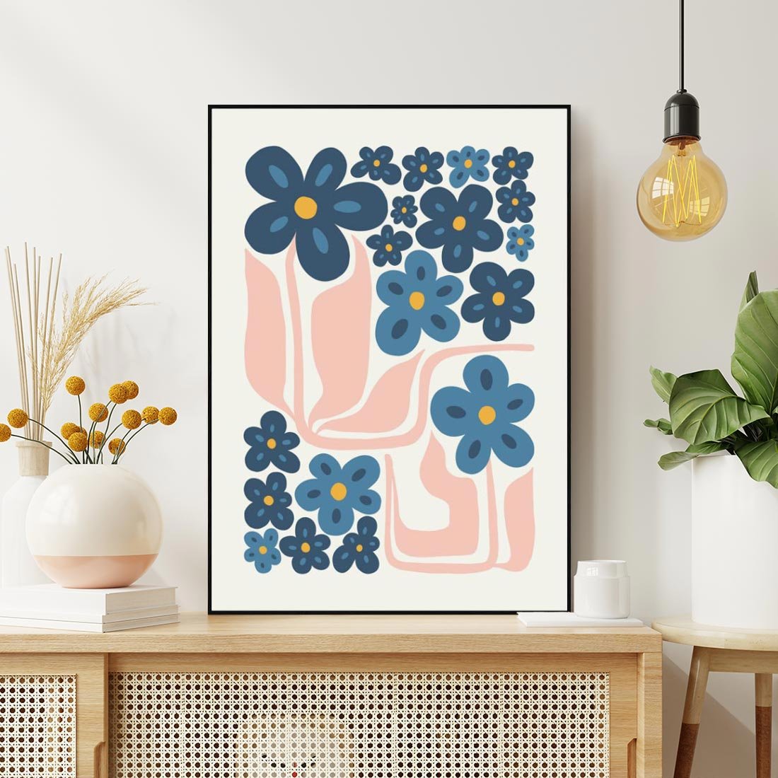 Obraz w ramie 50x70 - Niebieskie Refleksje - niebieskie kwiaty, niezapominajki - rama czarna