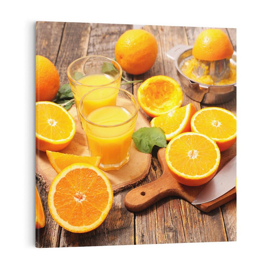 Obraz na płótnie 70x70 - Soczyste pomarańcze i soki - pomarańcze, soki