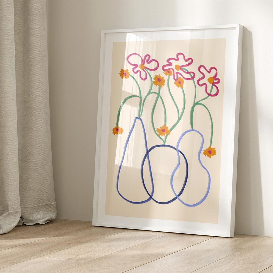 Plakat w ramie 50x70 - Migocące Pastelowe Impresje - minimalistyczny abstrakcyjny obraz, prymitywne kwiatki - rama biała