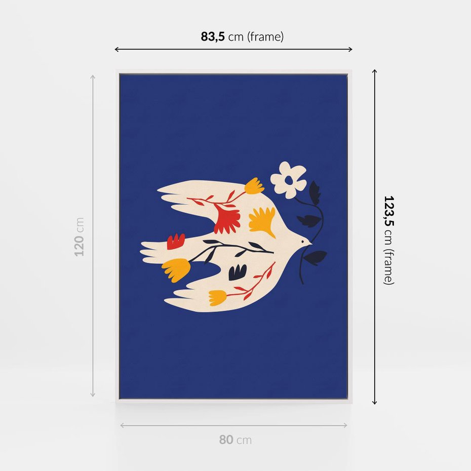 Obraz w ramie 80x120 - Bezgraniczne Widoki - niebieskie tło, abstrakcyjny biały ptak - rama biała