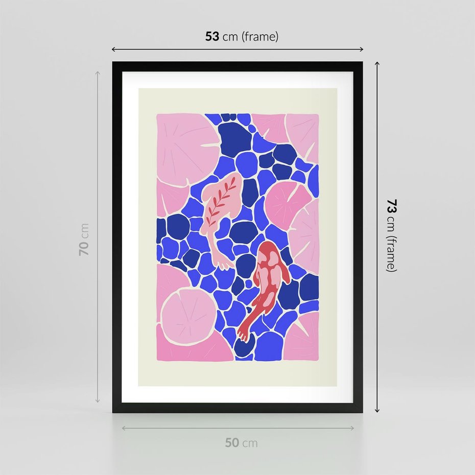Plakat w ramie 50x70 - Rzeka Abstrakcji - abstrakcyjna kompozycja, różowe ryby wśród rafy - rama czarna