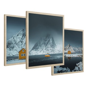 Zestaw obrazy w ramie 30x40 galeria - Skandynawia, Norwegia, góry, domek - rama drewno