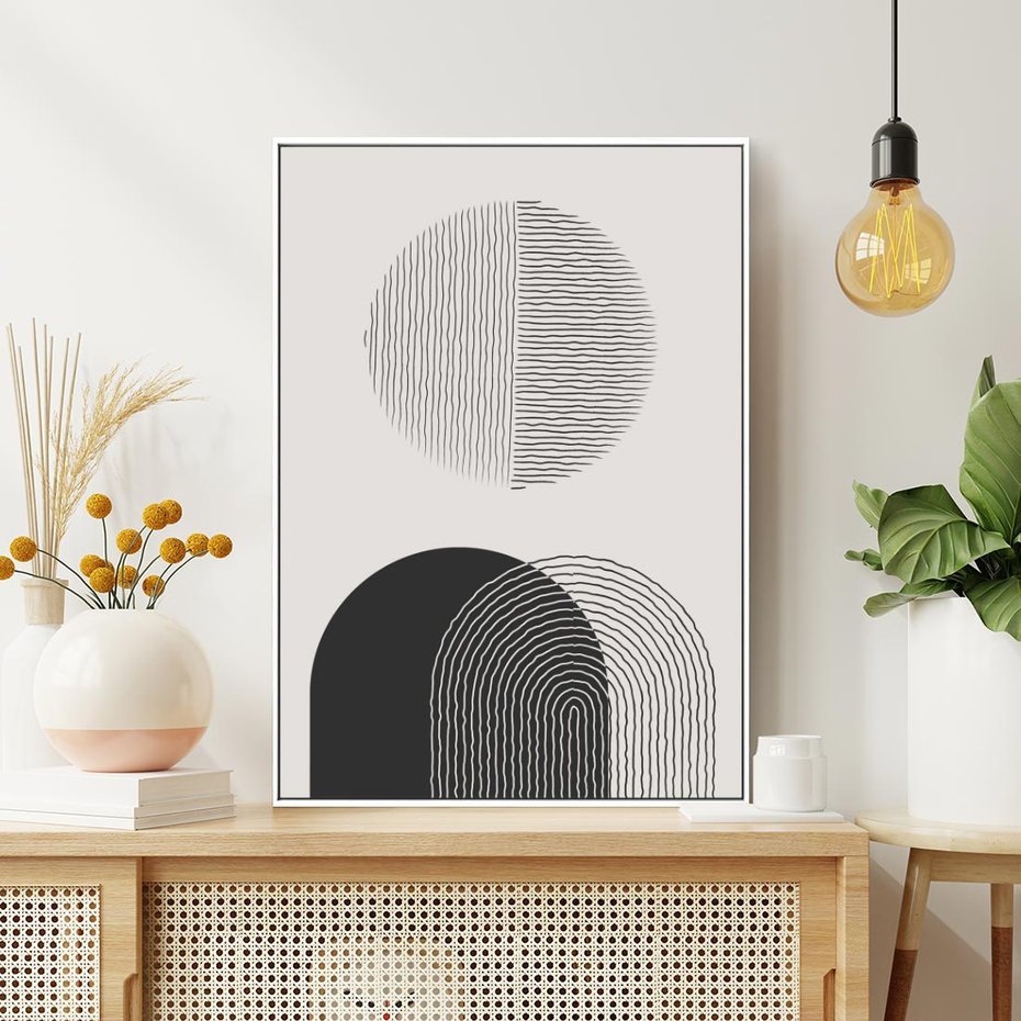 Obraz w ramie 70x100 - Przenikająca Rzeczywistość - abstrakcyjna kompozycja, okręgi i półokręgi - rama biała