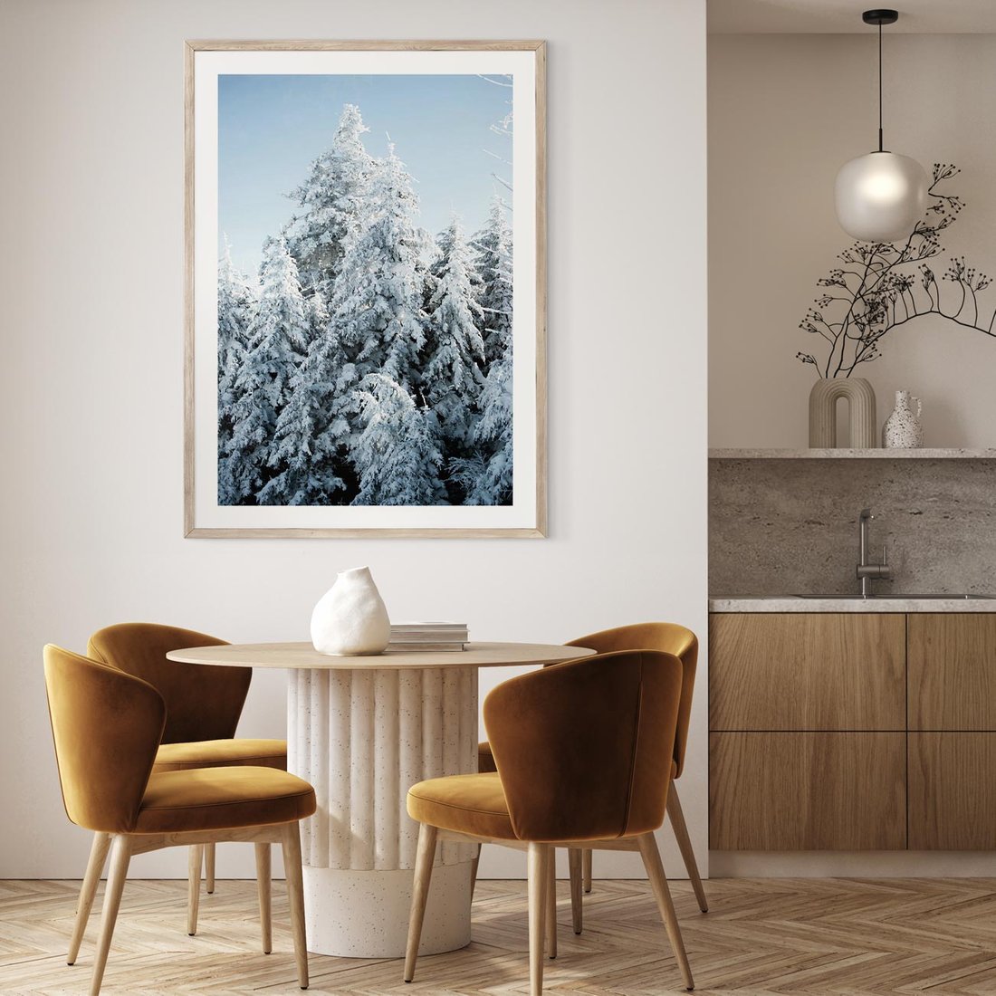 Plakat w ramie 50x70 - Magia Śnieżnych Drzew - zima, iglaste drzewa - rama drewno