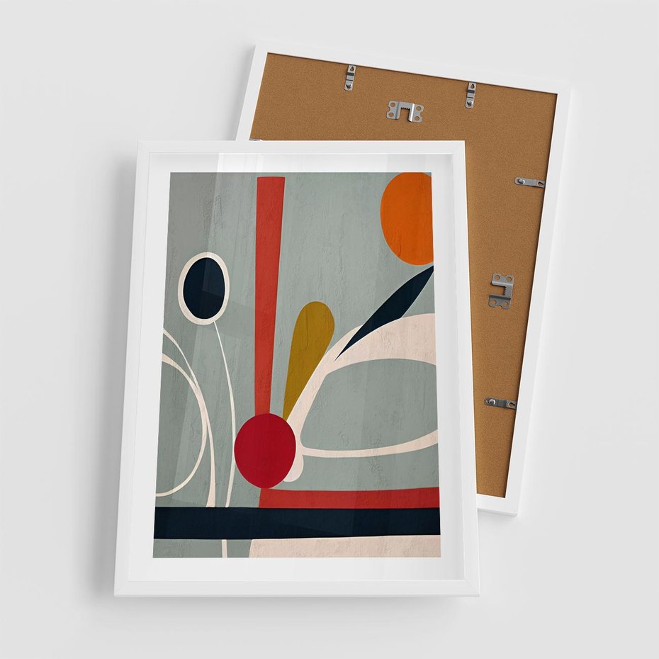 Plakat w ramie 50x70 - Harmonia Kolorowych Impulsów - abstrakcyjny obraz olejny, dziwne formy - rama biała