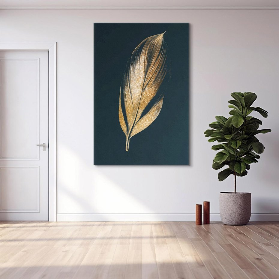 Obraz na płótnie 80x120 - Mroczne Złoto - nowoczesna grafika, złoty liść na czarnym tle