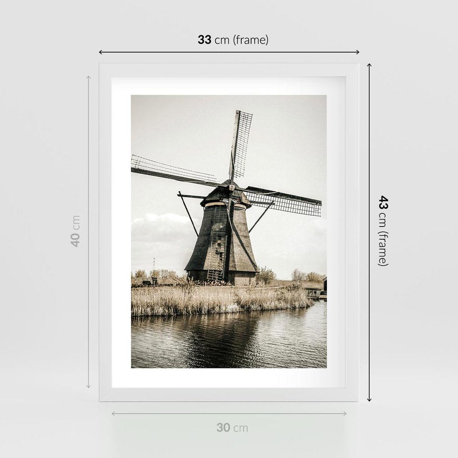 Plakat w ramie 30x40 - Holenderski Wiatrak w Sepii - holenderski wiatrak, młyn - rama biała