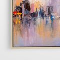Obraz w ramie 80x80 - Miasto Refleksji - olejna panorama miasta w oddali, wiezowce odbijają się w rzece - rama drewno