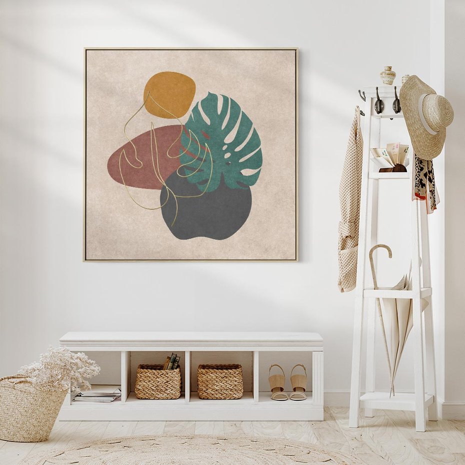 Obraz w ramie 80x80 - Akwarelowa Magia Liści - grafika, styl mid century - rama drewno