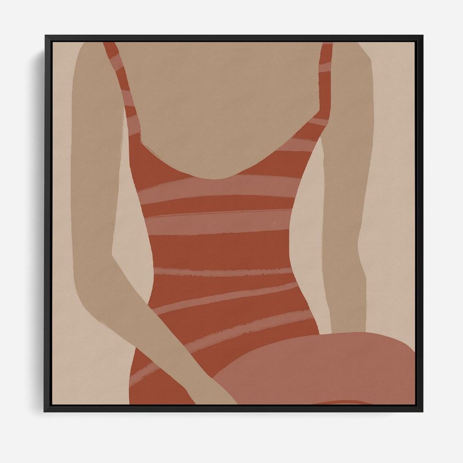 Obraz w ramie 50x50 - Kobiece Retro - minimalistyczny boho plakat, retro kobieta w stroju kąpielowym - rama czarna