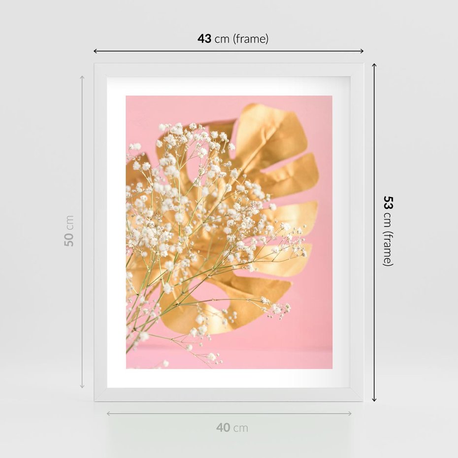 Plakat w ramie 40x50 - : Elegancja w Złocie - złote, liście - rama biała