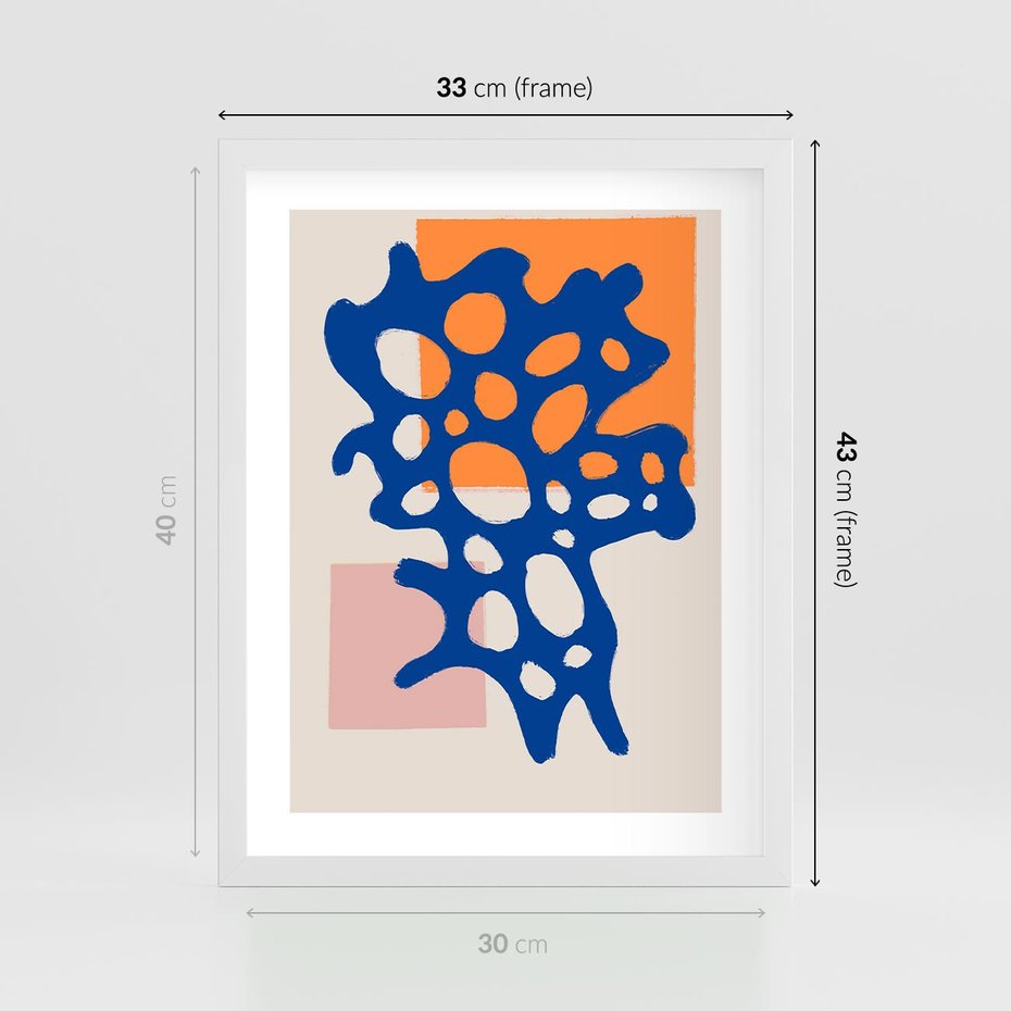 Plakat w ramie 30x40 - Migotliwe Nastroje - abstrakcyjna niebieska forma, dziwne kształty - rama biała