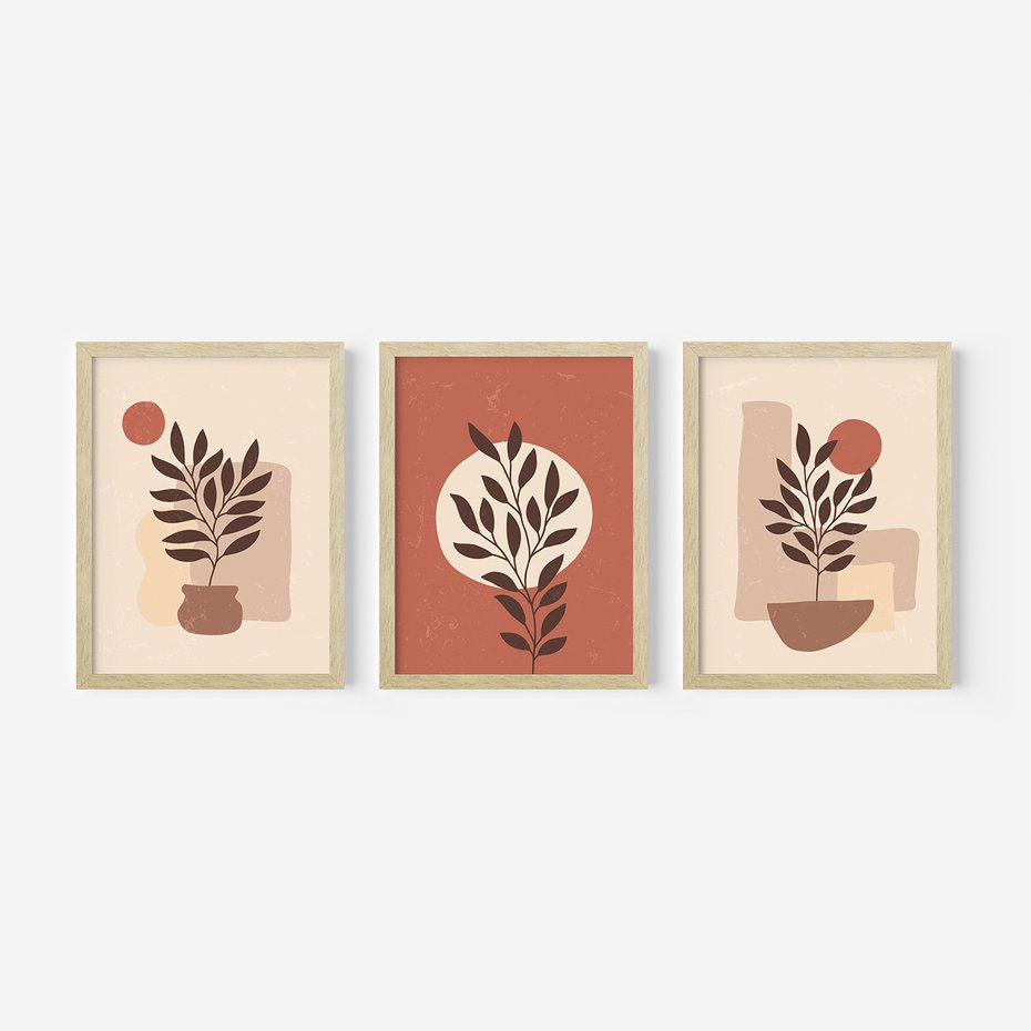 Zestaw obrazy w ramie 50x70 galeria - Boho, rośliny, liście - rama drewno