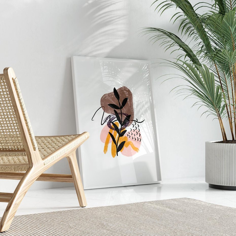 Plakat w ramie 30x40 - Echa Kształtującej się Wyobraźni - abstrakcyjna sztuka, liść gałązka - rama biała