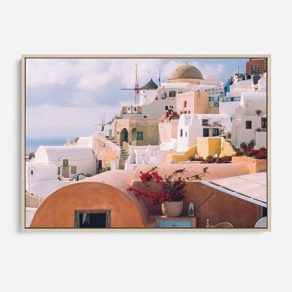 Obraz w ramie 70x50 - Błękit Morza i Białe Domki - Santorini, wyspa - rama drewno