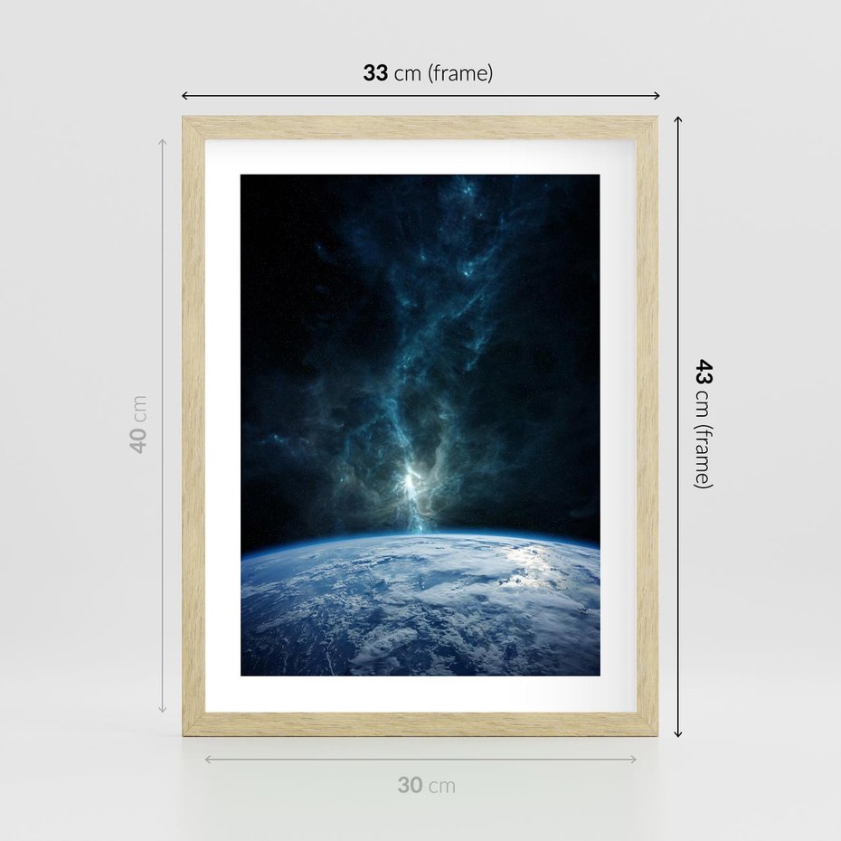 Plakat w ramie 30x40 - Wędrówka przez galaktyki - ziemia, kosmos - rama drewno