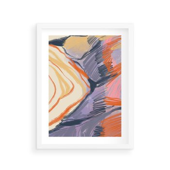 Plakat w ramie 40x50 - Pokreślony Świat - abstrakcyjne formy, odcienie pomarańczu i fioletu - rama biała