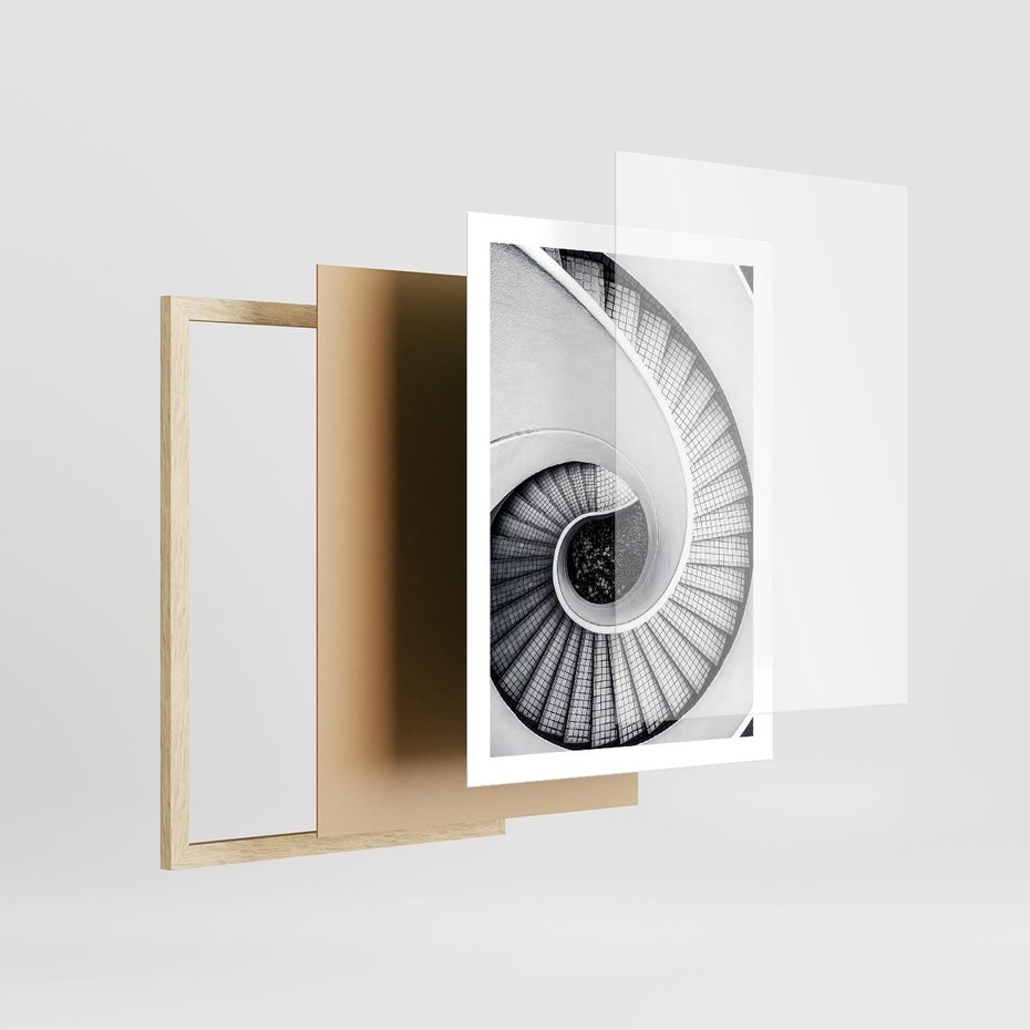 Plakat w ramie 50x70 - Nowoczesne Schody: Kręcone Piękno - nowoczesna architektura, kręcone schody - rama drewno