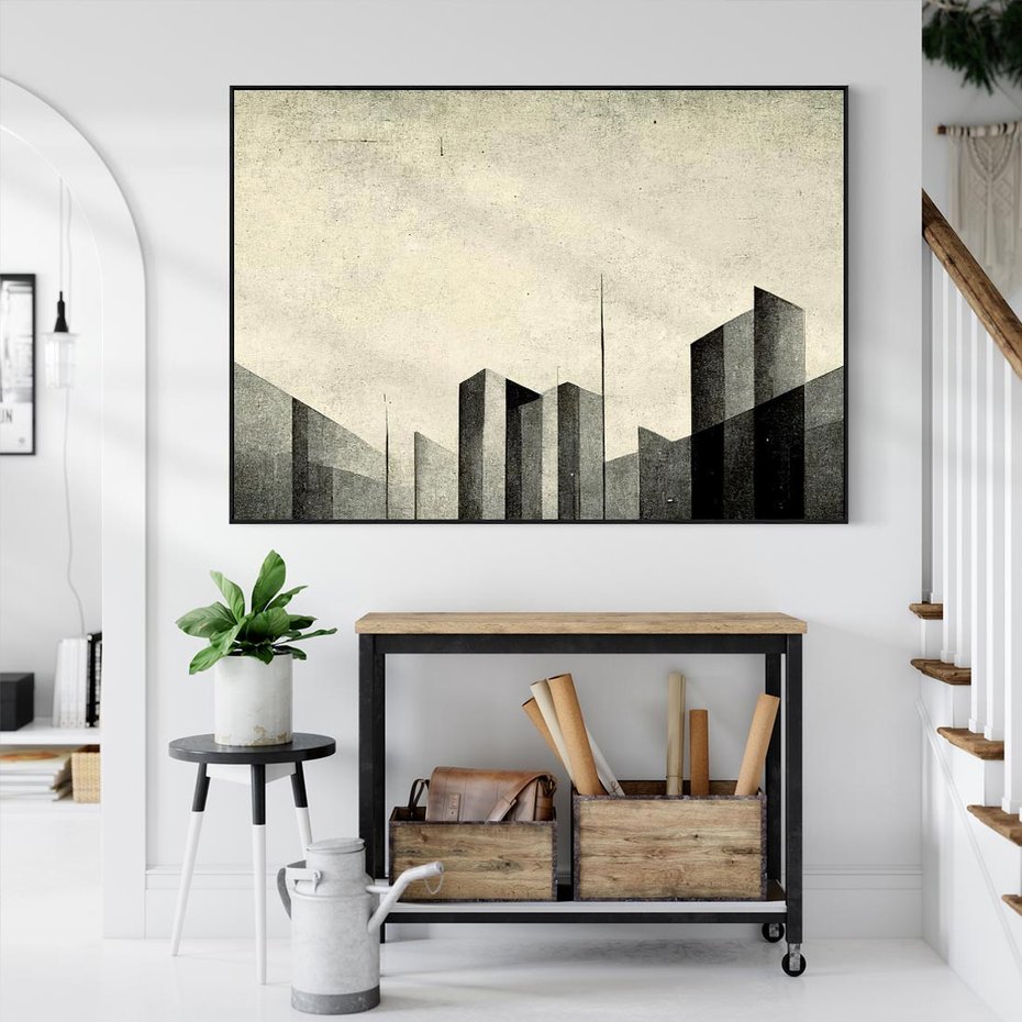Obraz w ramie 100x70 - Mroczne Wieżowce - postarzana grafika, perspektywa budynków wieżowców - rama czarna