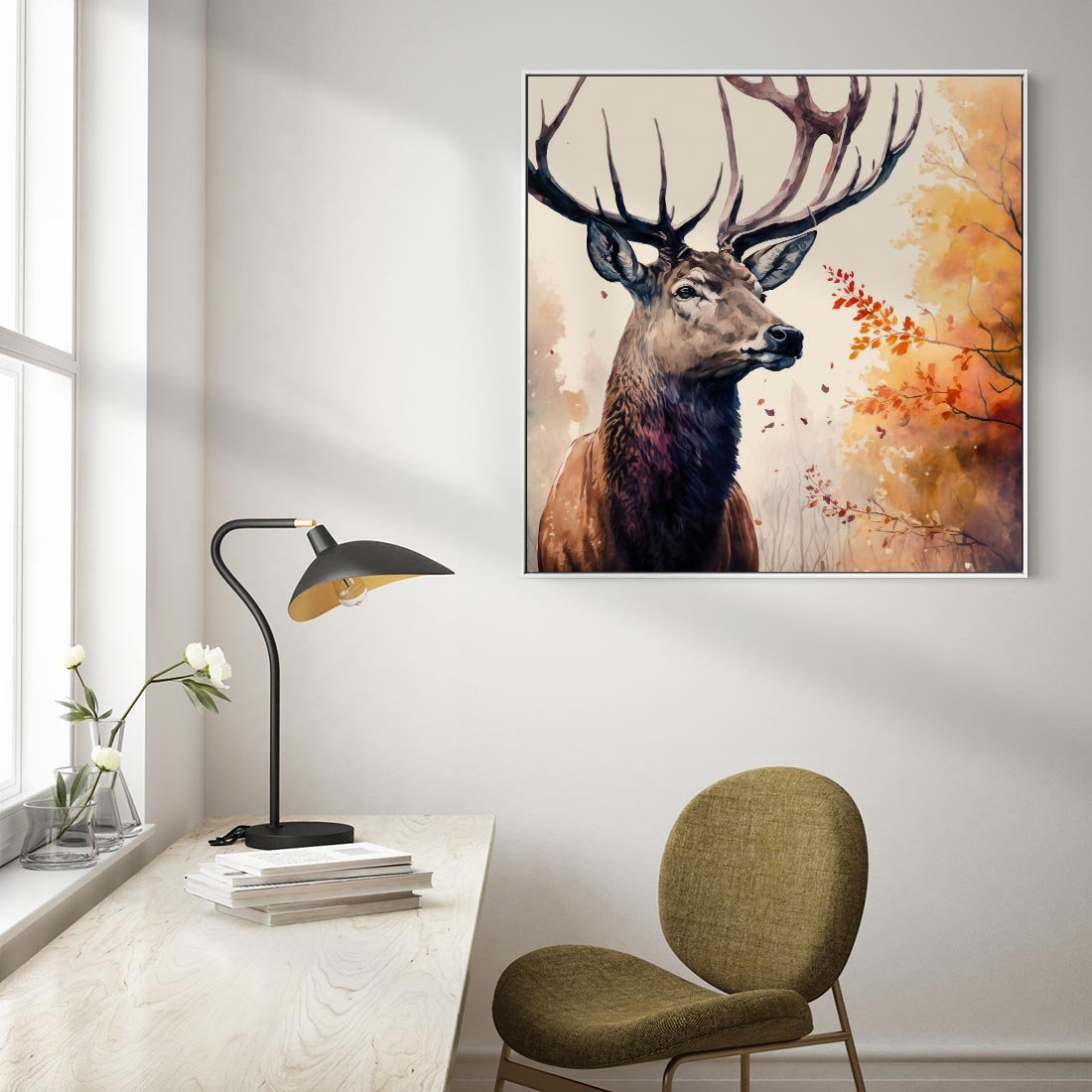 Obraz w ramie 50x50 - Jesienny Monarcha Lasu - grafika komputerowa, na podstawie obrazu - rama biała