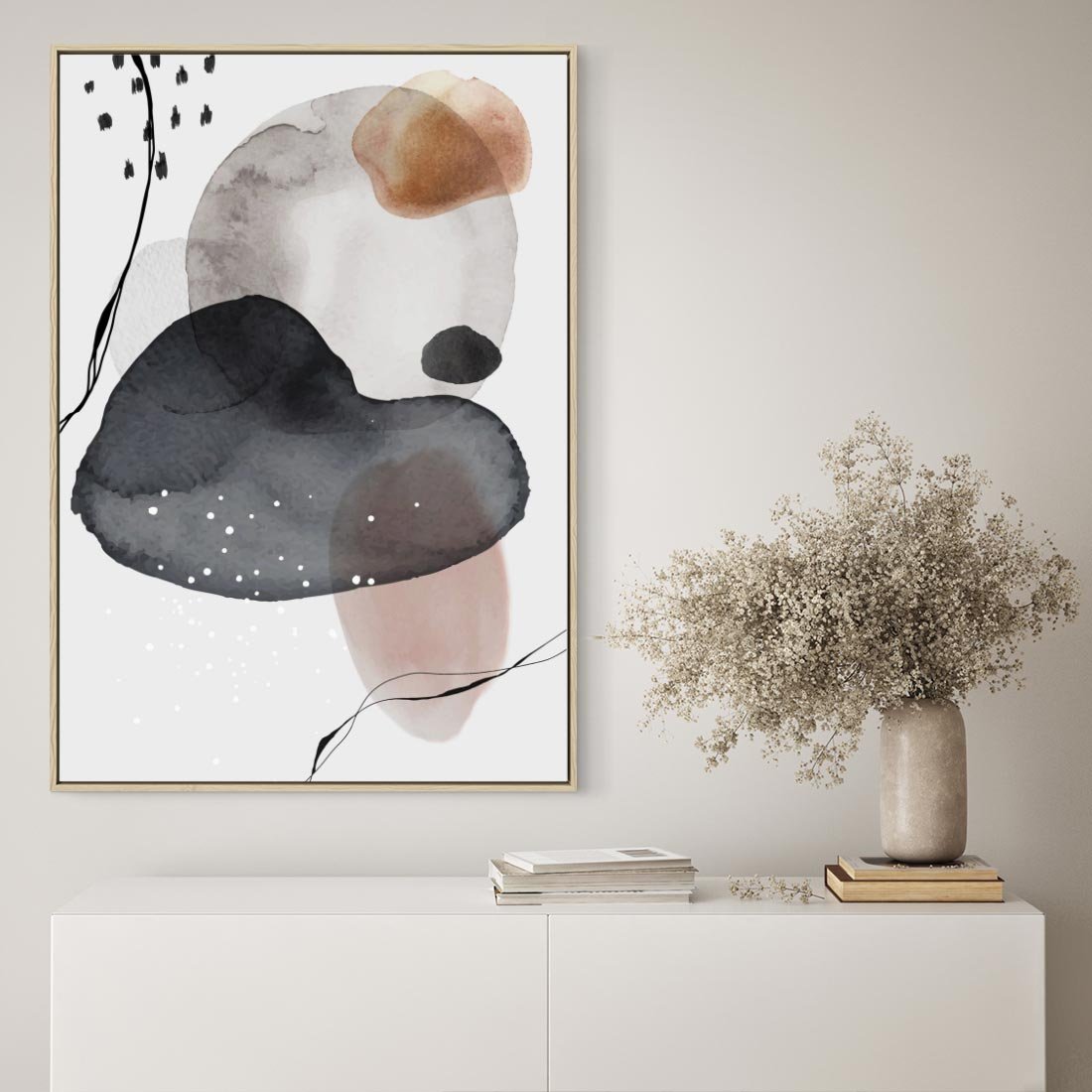 Obraz w ramie 50x70 - Impresje Harmonii - abstrakcyjne plamy akwarelowe, czarny szkic - rama drewno