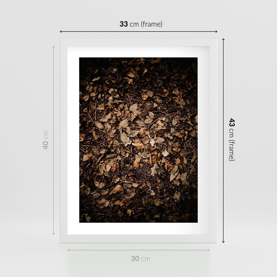 Plakat w ramie 30x40 - Brązowe Liście w Scenerii - suche liście jesień brąz - rama biała