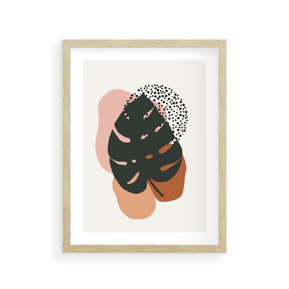 Plakat w ramie 30x40 - Minimalizm w Liściach Monstery: Plamy i Kropki - minimalizm, monstera plamy - rama drewno