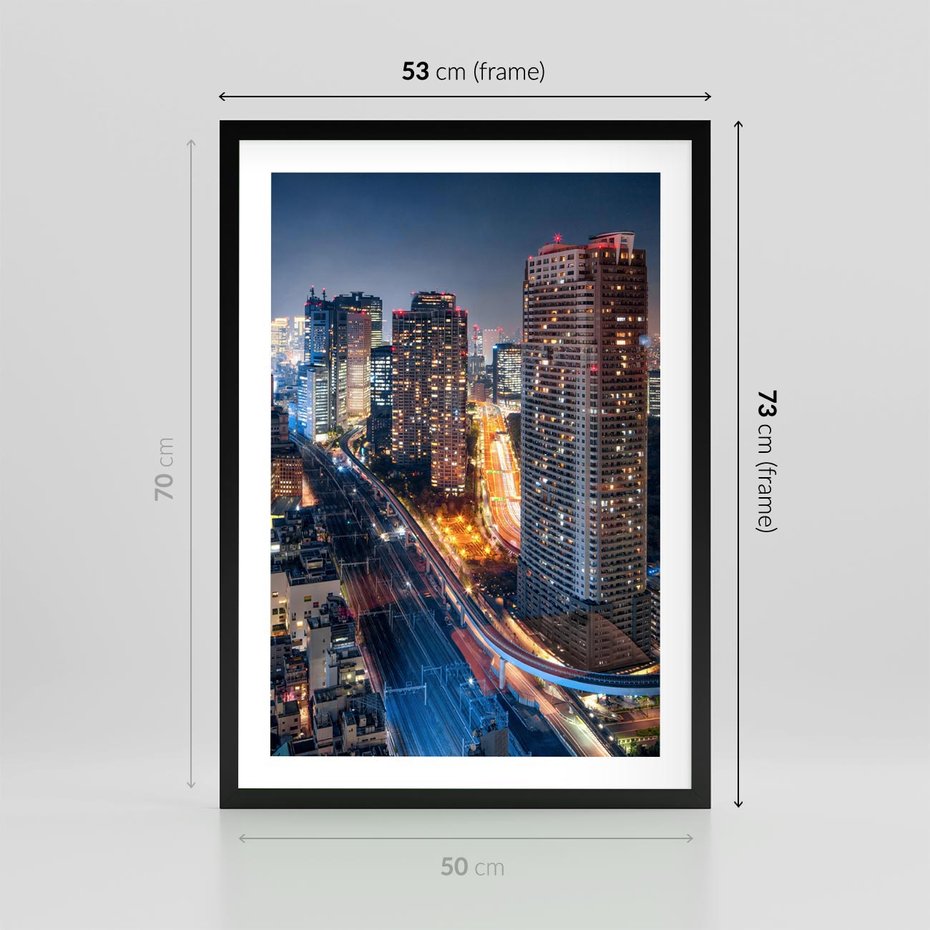 Plakat w ramie 50x70 - Miasto nocą z wieżowcami w tle - miasto, nocą - rama czarna