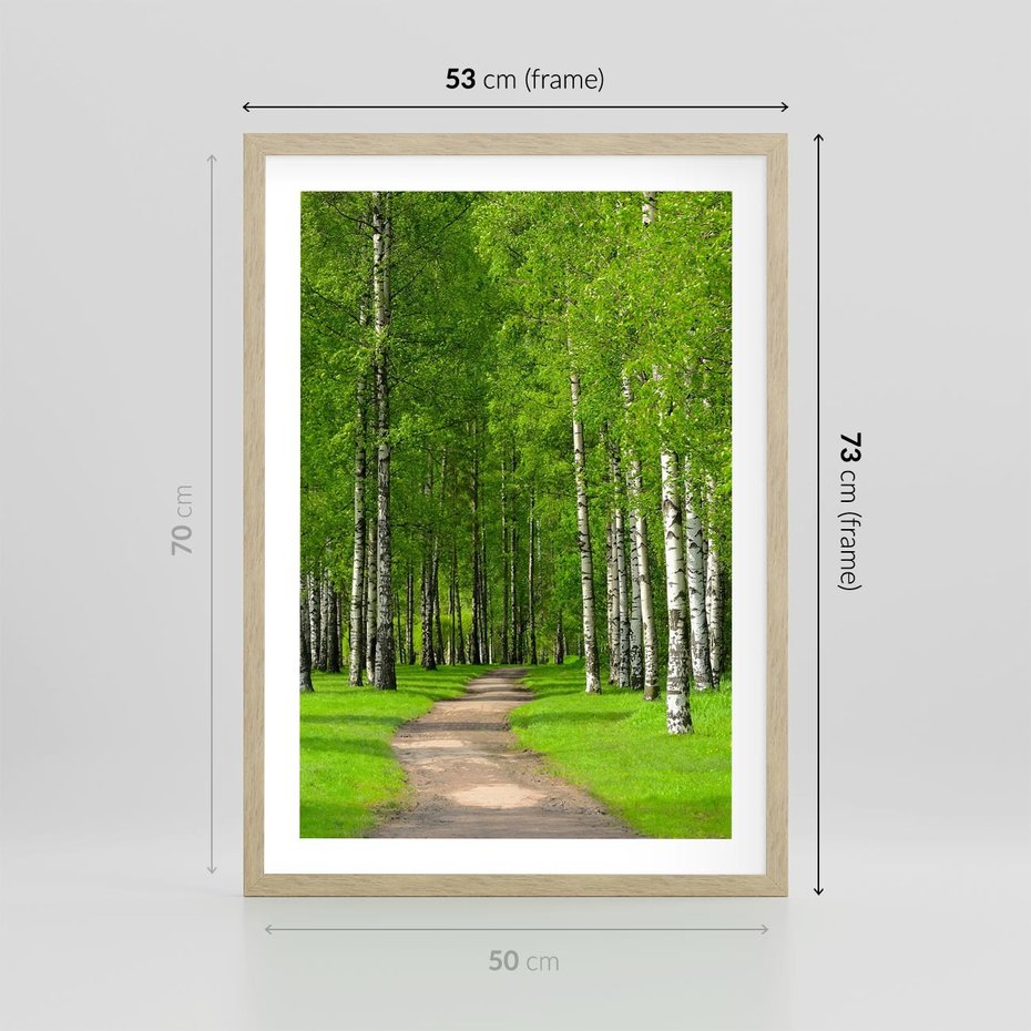 Plakat w ramie 50x70 - Spacer Ścieżką w Urokliwym Lesie - las, ścieżka - rama drewno