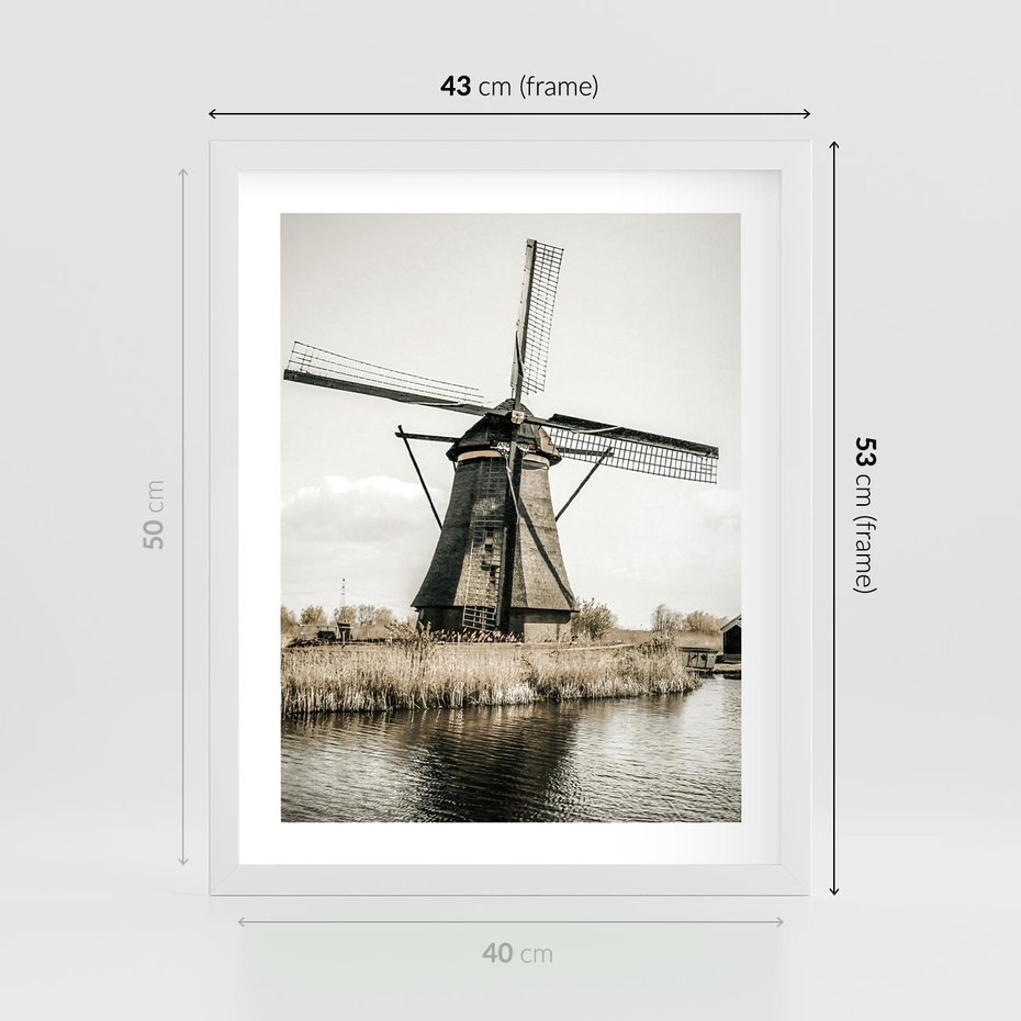 Plakat w ramie 40x50 - Holenderski Wiatrak w Sepii - holenderski wiatrak, młyn - rama biała