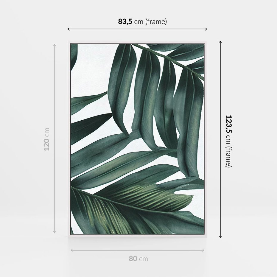 Obraz w ramie 80x120 - Ruchome liście czasu - liście palmy, tropikalne - rama biała