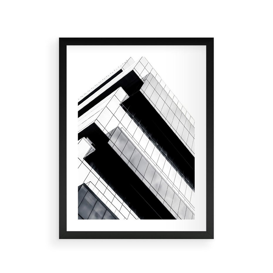 Plakat w ramie 30x40 - Nowoczesna Surowość: Wieżowiec na Czarno-Białej Grafice - architektura, wieżowiec - rama czarna
