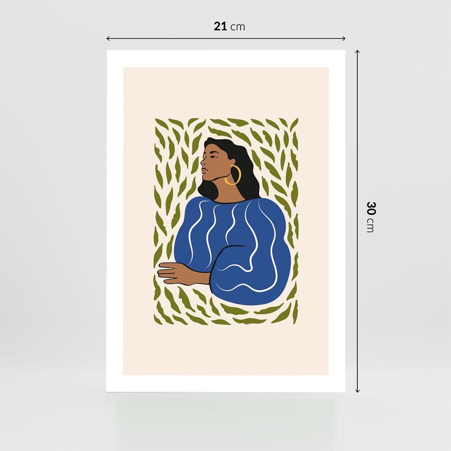 Plakat bez ramy 21x30 - Rozbite Barwy - nowoczesny plakat, kobieta otoczona liśćmi