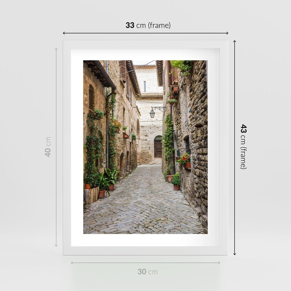 Plakat w ramie 30x40 - Urok Uliczki we Włoszech - uliczka, Włochy - rama biała