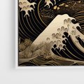 Obraz w ramie 50x50 - Złote Piękno - ciemny obraz, fala morska - rama biała