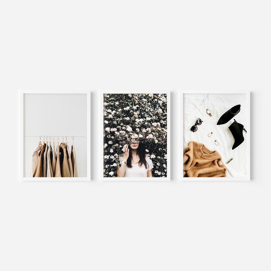 Zestaw obrazy w ramie 40x50 galeria - Moda, fashion, brąz, boho - rama biała