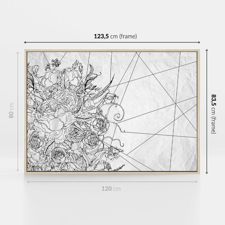 Obraz w ramie 120x80 - Refleksje w martwym punkcie - graficzny szkic, kompozycja kwiatów - rama drewno