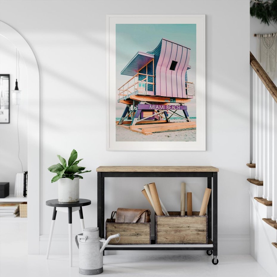 Plakat w ramie 50x70 - Miami Beach - plaża miami, domek ratownika - rama biała