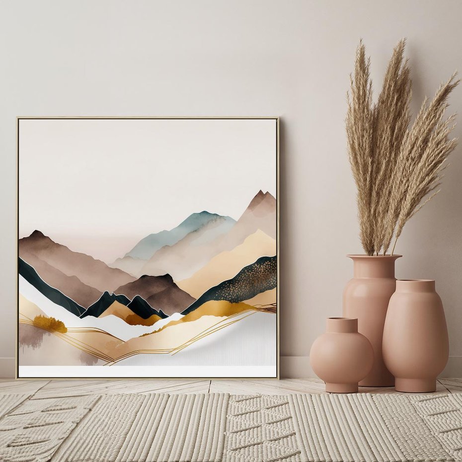 Obraz w ramie 80x80 - Góry Tonące w Pastelach - złote pastelowe góry, akwarela - rama drewno