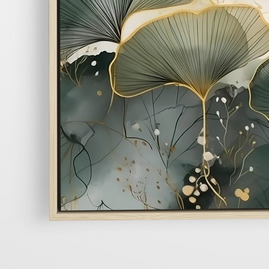 Obraz w ramie 70x50 - Natura w Złotym Odcieniu - złote elementy, liście miłorzębu japońskiego - rama drewno