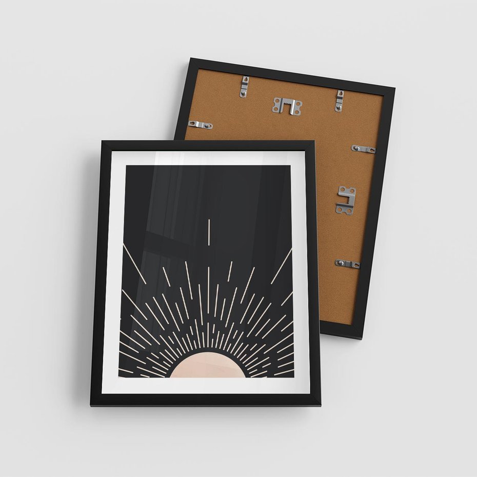 Plakat w ramie 40x50 - Słoneczny Portret Duszy - boho czarne słońce, nowoczesna grafika - rama czarna