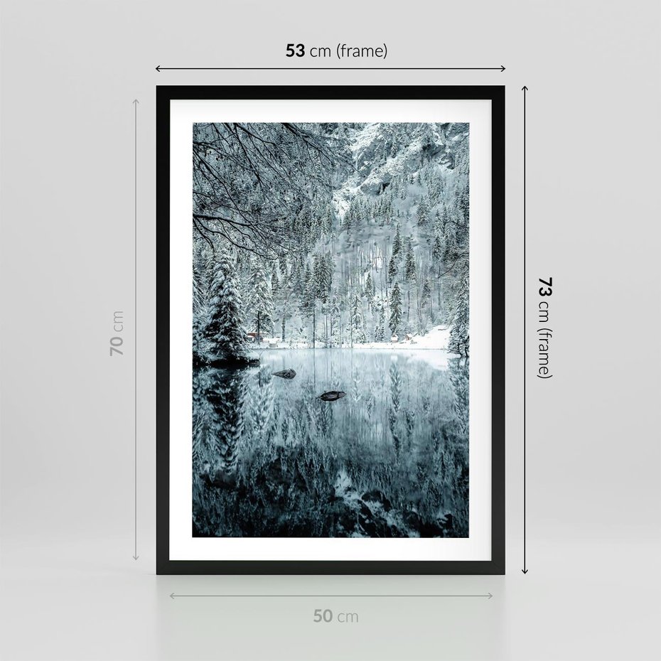 Plakat w ramie 50x70 - Zimowy Raj - zimowy górski krajobraz, jezioro w górach - rama czarna