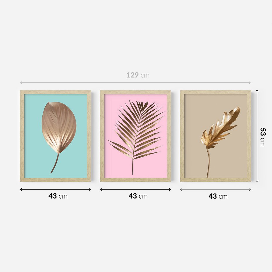 Zestaw obrazy w ramie 40x50 galeria - Złote, liście, palma, pastelowe, gold - rama drewno