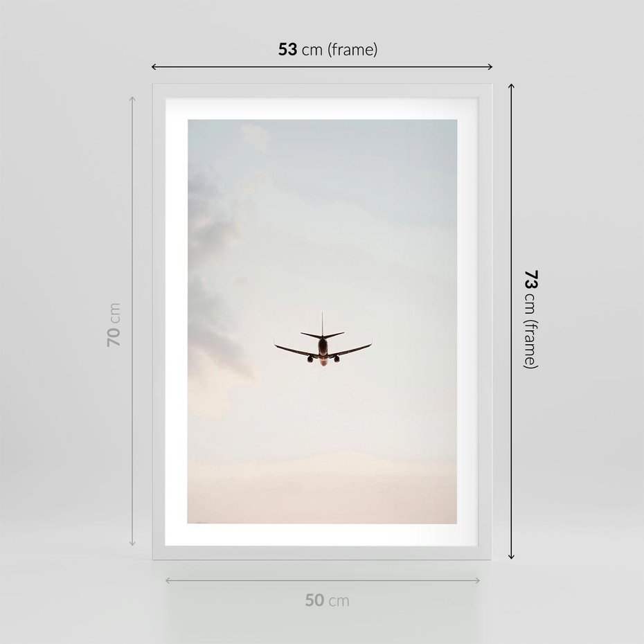 Plakat w ramie 50x70 - W Powietrzu: Samolot na Niebie - samolot w przestworzach, samolot na niebie - rama biała