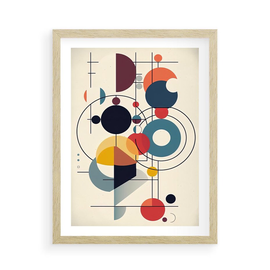 Plakat w ramie 50x70 - Rozbijające Barwne Granice - abstrakcyjna geometryczna kompozycja, koła linie - rama drewno