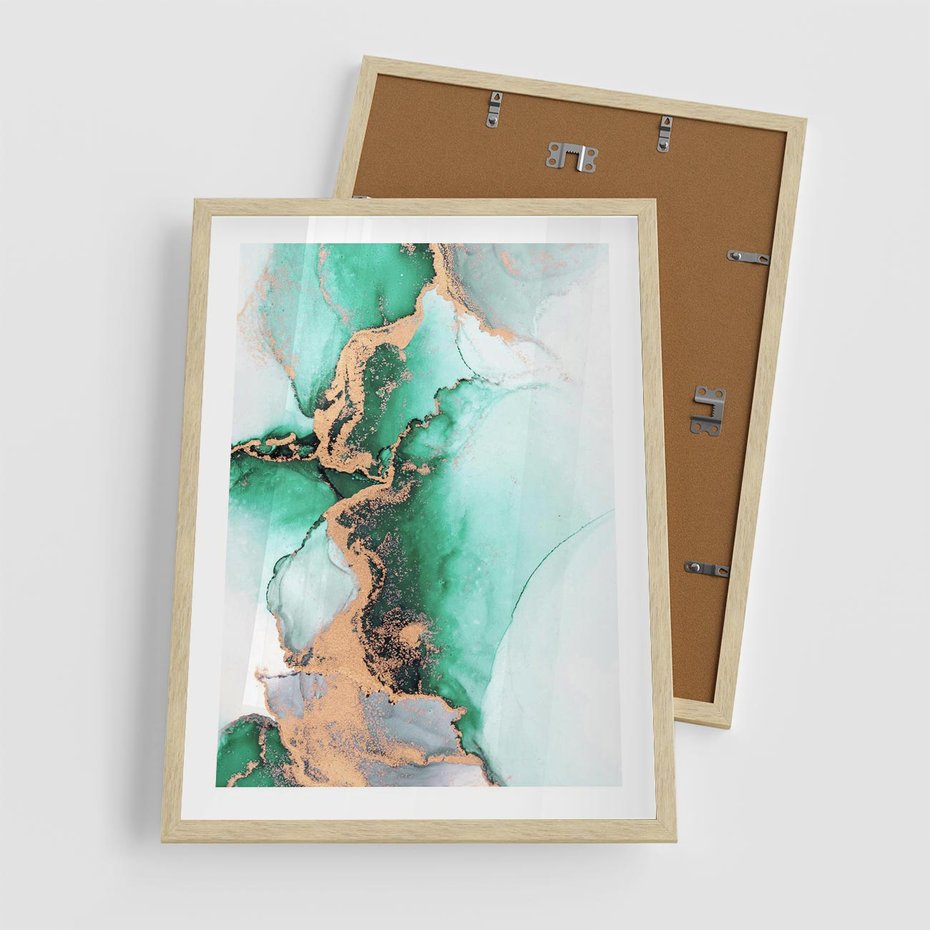 Plakat w ramie 50x70 - Marmur, Zieleń i Złoto - marmur, zieleń i złoto - rama drewno