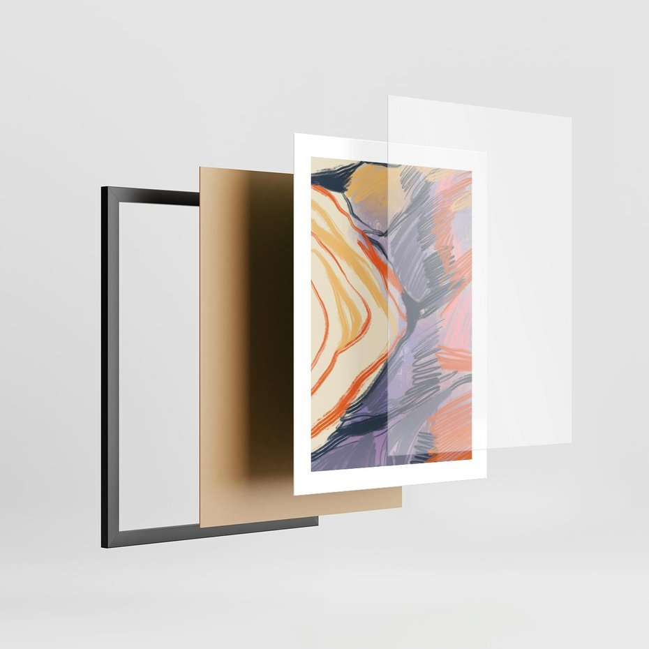 Plakat w ramie 30x40 - Pokreślony Świat - abstrakcyjne formy, odcienie pomarańczu i fioletu - rama czarna