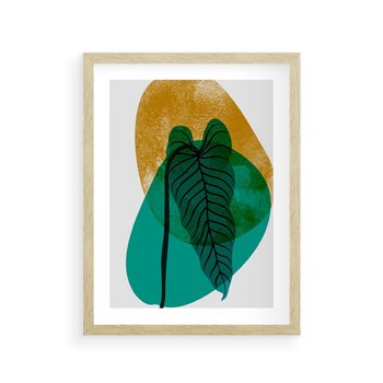 Plakat w ramie 50x70 - Zielony Liść ze Złotą Plamą - zielony liść, złota plama - rama drewno