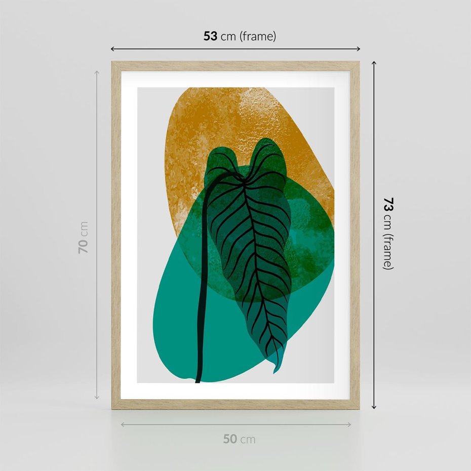 Plakat w ramie 50x70 - Zielony Liść ze Złotą Plamą - zielony liść, złota plama - rama drewno
